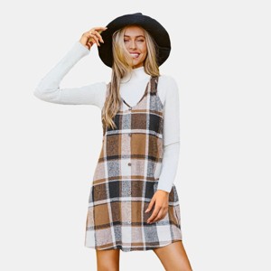 Women's Plaid Brown V-Neck Sleeveless Mini Dress - Cupshe - 1 of 4