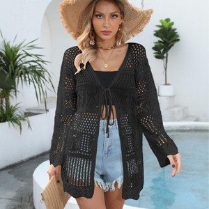 Coolmee Women's Crochet Cardigans Solid Lightweight Tie Front Tops Hollow Out Beach Cover Ups Long Sleeves Summer Knit Cover Cardigans One Size Black - 1 of 4