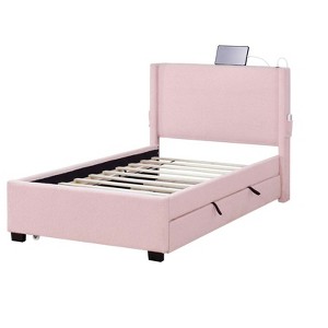 APRILSOUL Pink Twin Upholstered Bed Frame - Trundle, Teddy Fabric,  Headboard Pocket - 1 of 4