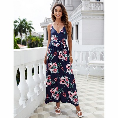 Women's Strap Maxi Hawaiian V Neck Floral Casual Beach Dresses