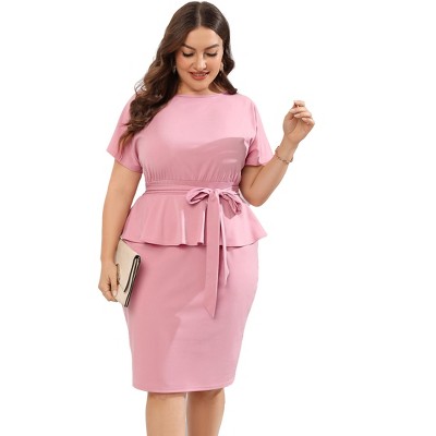 Whizmax Women Plus Size Bodycon Elegant Midi Dress Peplum Business Work Office Sheath Pencil Cocktail Party Dress with Belt Pink 3XL