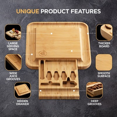 Bamboo Rectangular Cheese Board with Cutlery Set and Drawer