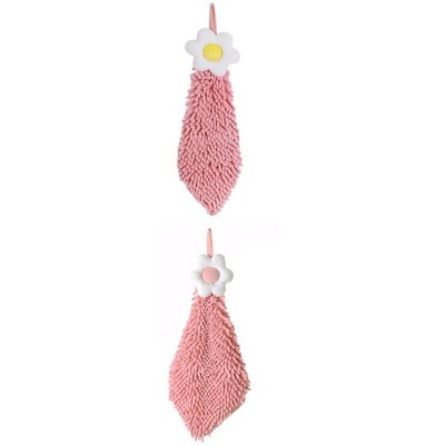 REGALWOVEN Chenille Soft Absorbent Flower Hanging Hand Towels for Bathroom 2 Pcs