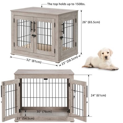 unipaws Wire Bar Dog Crate End Table – Double Doors, Wooden Furniture Style, Medium, Weathered Grey