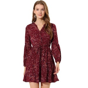 Allegra K Women's Floral Print Button Front Puff Sleeve Tie Waist Shirt Dress - 1 of 4