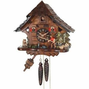 One Day Cuckoo Clock Cottage – 10 in – Fisherman Raises Fishing Pole with Hand-carved Details By River City Clocks - 1 of 3