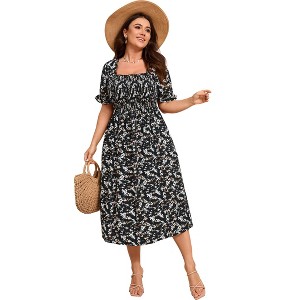 Womens Puff Sleeve Summer Floral Dress Plus Size Smocked Ruffle Square Neck Casual Dress Cute Midi Dress Black Flower 1XL - 1 of 4