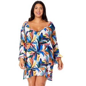 Women's Plus Size Riviera Floral Flounce V Neck Tunic Swimsuit Cover Up  Plus Size - 1 of 4