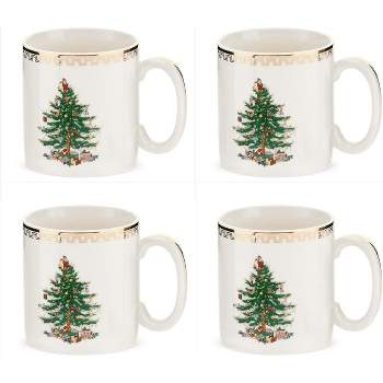 Spode Christmas Tree Gold Collection Mug, Set of 4, 8-Ounce, Holiday Coffee Mugs, Cup for Tea, Hot Cocoa, and Coffee, Made of Fine Earthenware