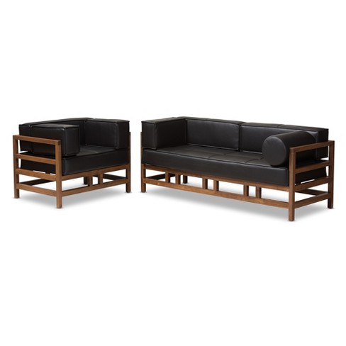 Shaw Midcentury Modern Pine Faux Leather Walnut Wood 2pc Living Room Sofa Set Black Baxton Studio