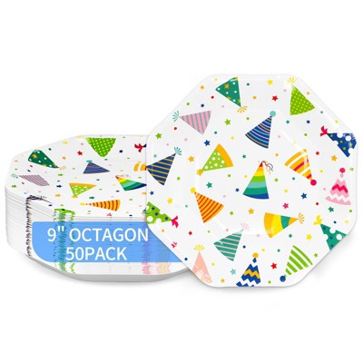 DYLIVeS 9" Hats Off Happy Birthday Hats Dessert Plates - Octagon/50 Count, Perfect for Birthday Parties & Cocktail Events