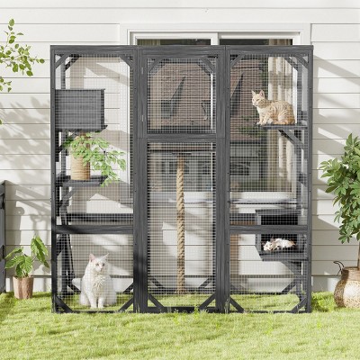 Outdoor Wooden Cat Catio Enclosure with Platforms and 2 Condos,62" Walk-in Cat House Playpen for 1–3 Cats-LAOTIES
