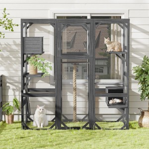 Outdoor Wooden Cat Catio Enclosure with Platforms and 2 Condos,62" Walk-in Cat House Playpen for 1–3 Cats-LAOTIES - 1 of 4