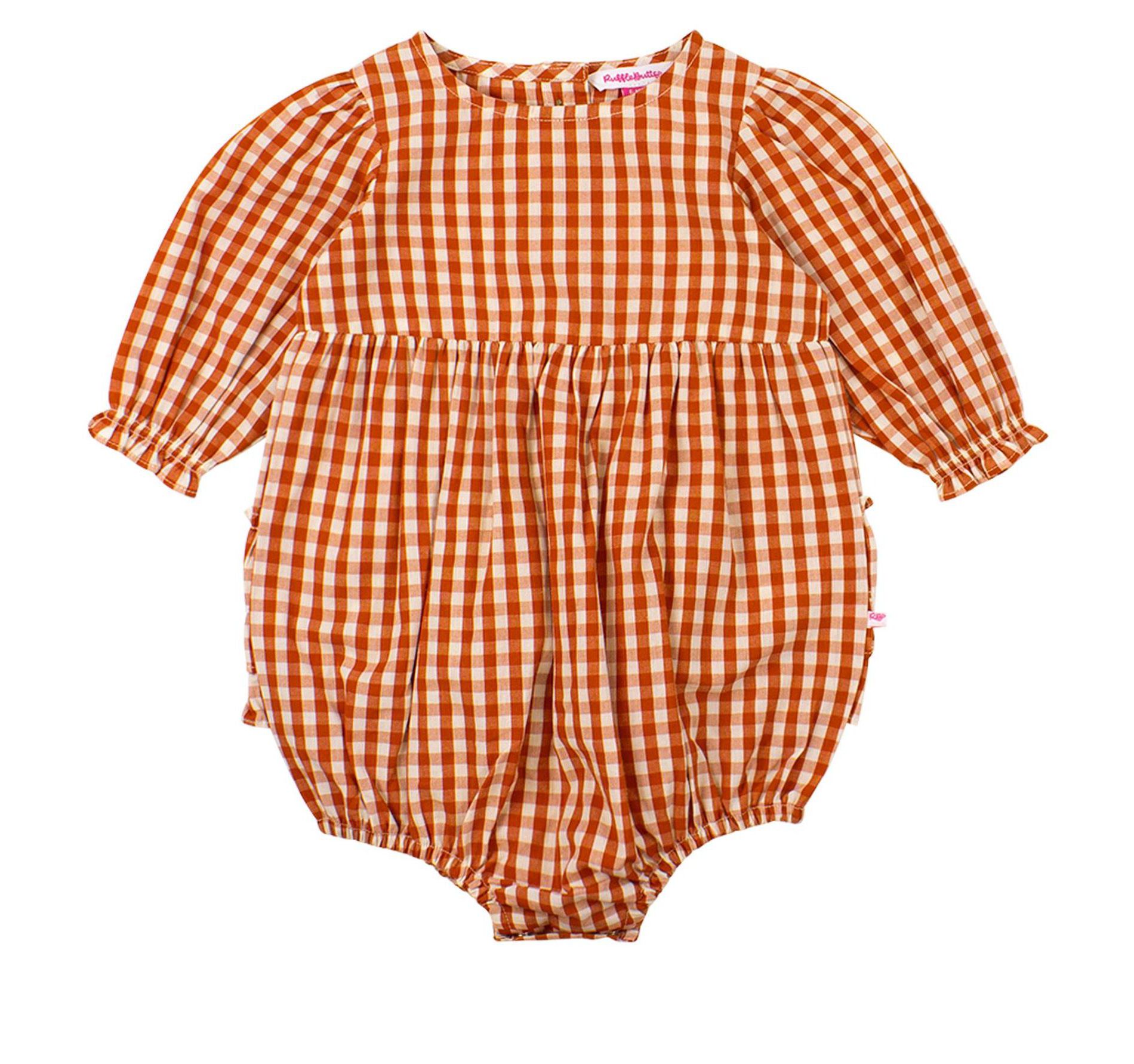 RuffleButts Baby Girls Woven Long Sleeve Bubble Romper