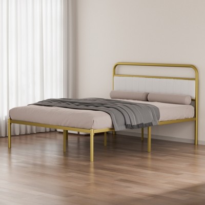 ALEXOUN Queen Size Metal Bed Frame and Upholstered Headboard,Beige and Gold Design,Elegant Bedroom Furniture,for, Apartment(Only Includes Bed Frame)