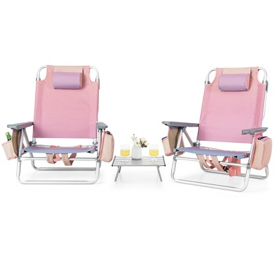 Tangkula 2PCS Folding Backpack Lay Flat Beach Chairs Table Set 5-Position Outdoor Reclining Chair