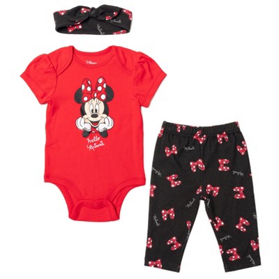 Image of Disney Minnie Mouse Infant Baby Girls Bodysuit Pants and Headband 3 Piece Outfit Set Black / Red 24 Months