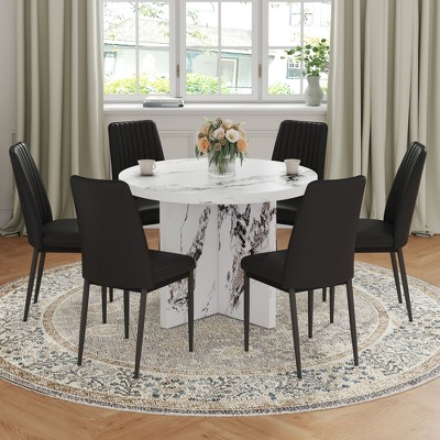 7-Piece Dining Table Set Dining Set with Rectangular Round Faux Marble Dining Table, 6 PU Leather Chairs, White/Black-ModernLuxe