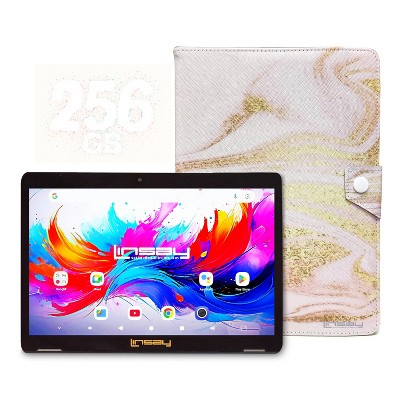 LINSAY 10.1"Octa Core  256GB Storage Android 15 Tablet with Pink Glaze Marble Case