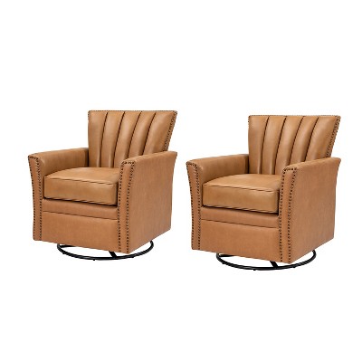 Set of 2 Eva Genuine Leather Swivel Rocker Armchair with Nailhead Trims for Living Room | ARTFUL LIVING DESIGN