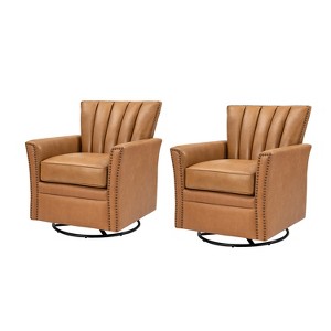 Set of 2 Eva Genuine Leather Swivel Rocker Armchair with Nailhead Trims for Living Room | ARTFUL LIVING DESIGN - 1 of 4