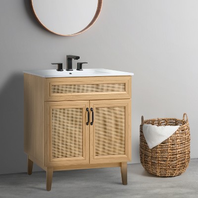 Javer 30" Oak Rattan Modern Farmhouse Bath Vanity Cabinet
