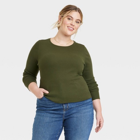 Women's Long Sleeve Shrunken Rib T-shirt - Universal Thread™ Dark Olive  Green 4x : Target