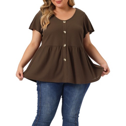 Agnes Orinda Women's Plus Size Summer Flare Sleeve Button Front Peplum  Shirts Coffee 1X