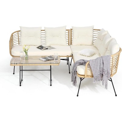 4-Piece PE Rattan Patio Set w/ Loveseat, Sofa & Coffee Table - Outdoor Conversation Set for Backyard