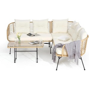 4-Piece PE Rattan Patio Set w/ Loveseat, Sofa & Coffee Table - Outdoor Conversation Set for Backyard - 1 of 4
