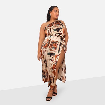 Rebdolls Women's Kiera Satin Abstract Print One Shoulder Maxi Shift Dress