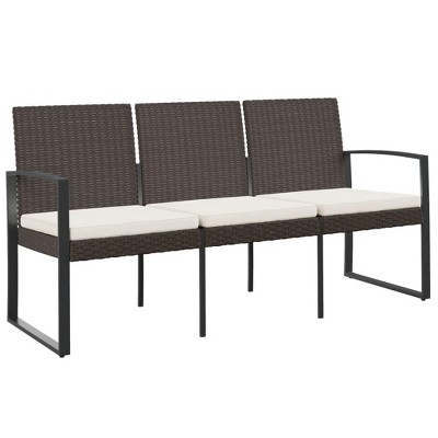 vidaXL 3-Seater Patio Bench with Cushion, Brown PP Rattan