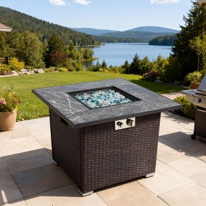 30" Propane Gas Fire Pit Table, 50000 BTU Square Fire Pit, Tile Tabletop with Beautiful Wicker Base for Outside Patio Deck Garden Courtyard-Brown - 1 of 4