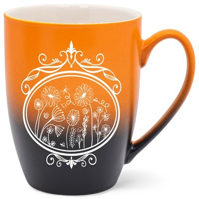 Elanze Designs Flowers in Circle Two Toned Ombre Matte Orange and Black 12 ounce Ceramic Stoneware Coffee Cup Mug