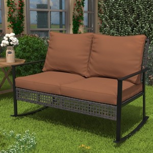 Ainfox Outdoor Wicker Loveseat Rocking Chair, Patio Rattan Rocker Chair with Cushions Cozy Rocking Wicker Furniture for Garden Backyard Porch - 1 of 4