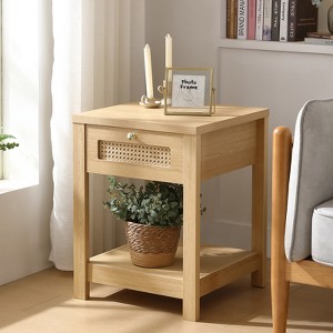 Bekrvio 18-Inch Boho Rattan Nightstand Set of 1/2, Bedside Table w/Drawer & Brass Knobs, Wood End Table w/Open Shelf for Bedroom/Living Room - 1 of 4