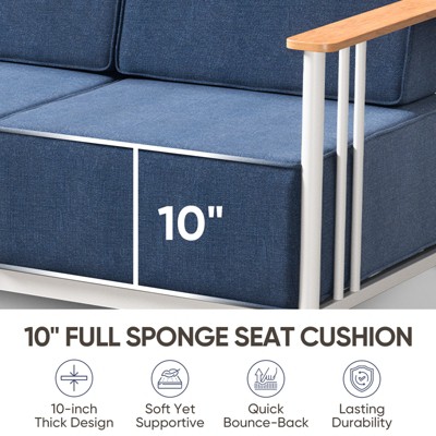 Close-up of 10 inch thick cushion labeled 10" FULL SPONGE SEAT CUSHION