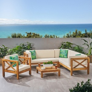Christopher Knight Home George 5 piece Outdoor Acacia Wood Sectional Set with Coffee Table and Cushions - 1 of 4