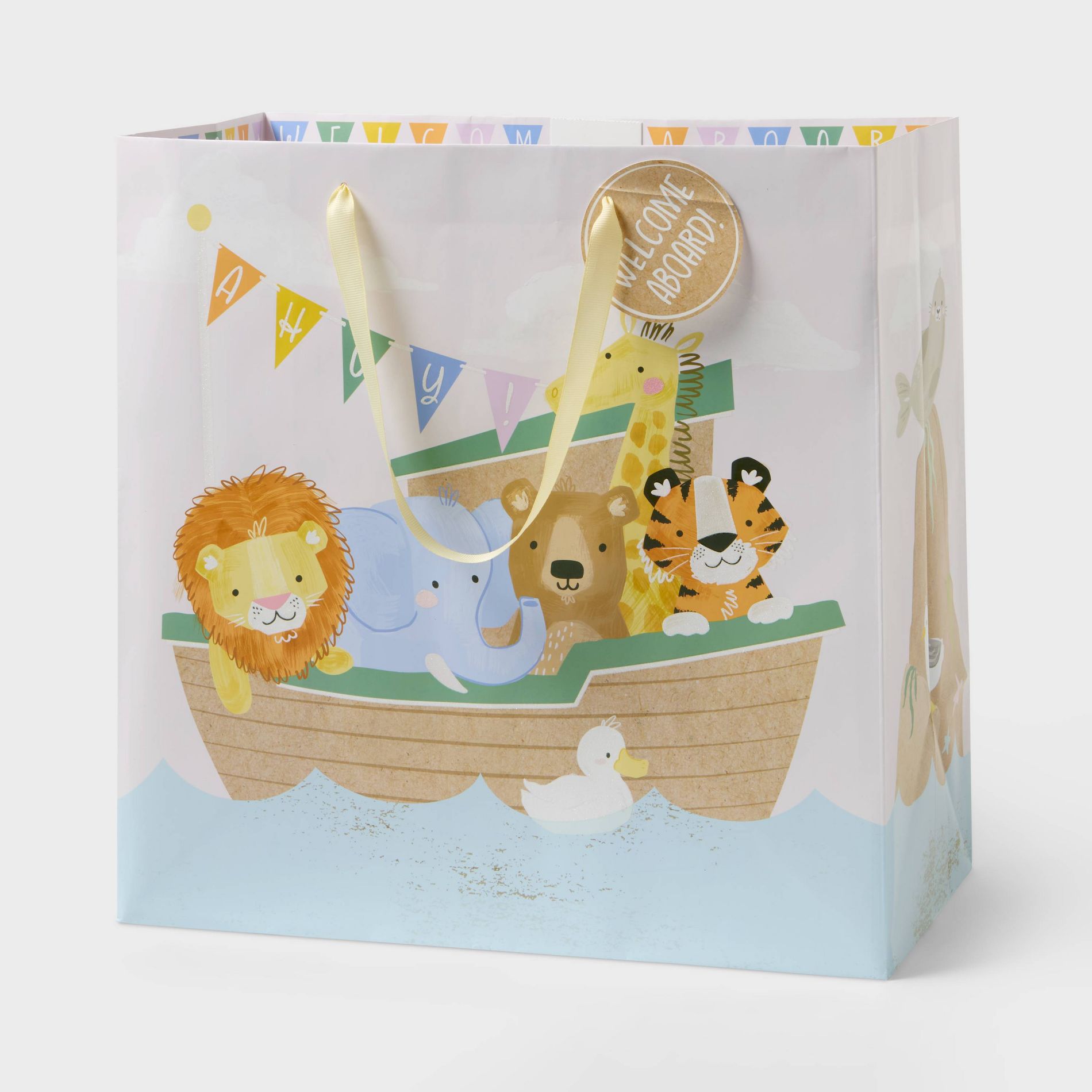 Large Square Animals Ark Iridescent Glitter Baby Shower Gift Bag with Tag Colorful - Spritz™