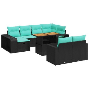 vidaXL Patio Sofa Set with Cushions Sectional Couches 11 Piece Poly Rattan - Black and Blue Wood - 1 of 4