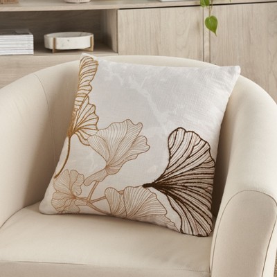 Embroidered Cotton Fan Leaf 18" Square Throw Pillow