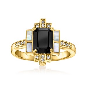 Ross-Simons Onyx and Mother-Of-Pearl Ring With 0.10 ct. t.w. White Topaz in 18kt Gold Over Sterling - 1 of 4