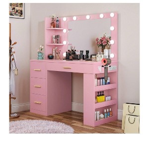 Vanity Desk With Large Lighted Mirror 11 Lights Makeup Vanity Table With 4 Drawers & 3 Storage Shelves - 1 of 4