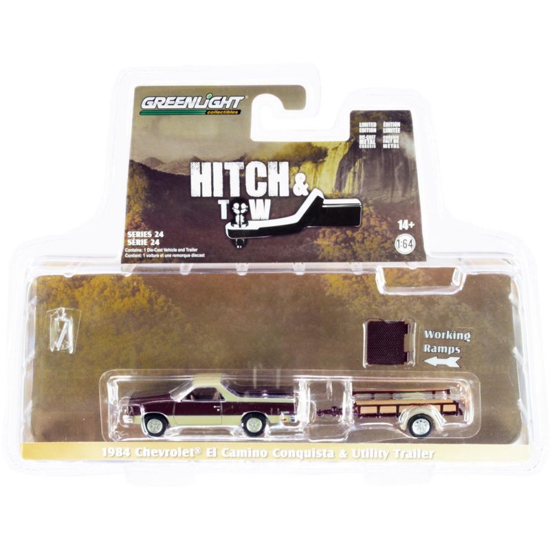1984 Chevrolet El Camino Conquista Maroon Met. & Beige w/Utility Trailer "Hitch & Tow" 1/64 Diecast Model Car by Greenlight, 3 of 4