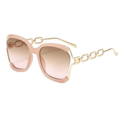 Anna-Kaci Oversized Square Sunglasses with Cutout Chain Link Arms and Glamorous Metal Trim