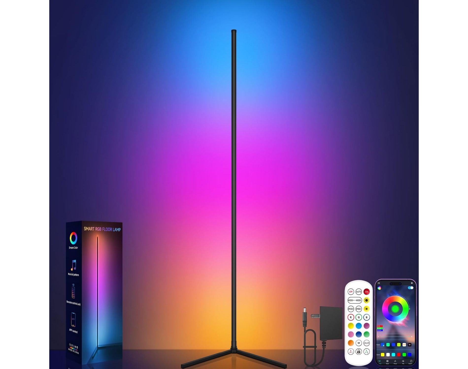 RGB LED Corner Floor Lamp - Music Sync, Smart App & Remote Control, 16 Million Colors for Bedroom, Living Room & Gaming Room