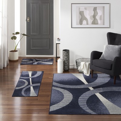 Navy Blue Abstract Geometric 3-Piece Synthetic Area Rug Set