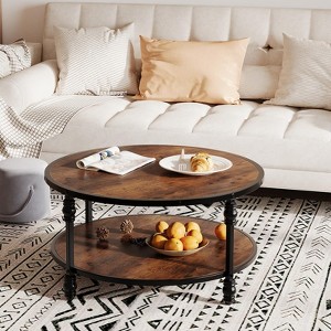 Round Coffee Table Living Room 34.25in Rustic Circle Center Table with Storage Shelf 2-Tier Modern Wood Coffee Table, Easy Assembly(Brown) - 1 of 4