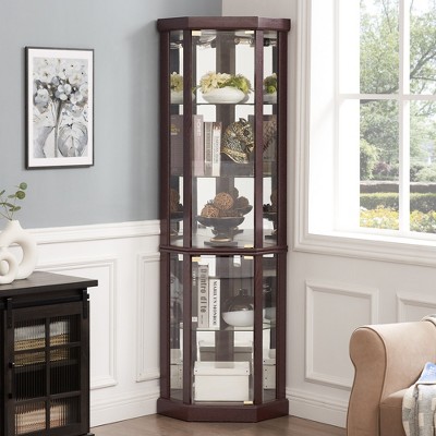 MOEPISY Corner Wine Cabinet, Elegant Glass Display Case for Living Room and Bar Storage, Cherry