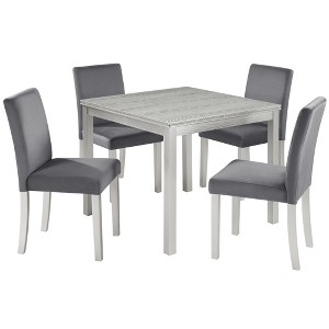 Gulches 5-Piece Silver Grey Wooden Dining Set - 34.5" Square Table (Crystal Embellished) + 4 Upholstered Chairs, Space-Saving for Kitchen/Dining Room - 1 of 4